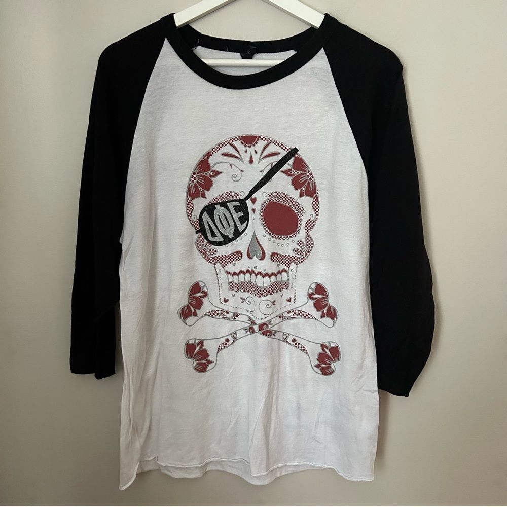 Delta Phi Epsilon Baseball Tee 3/4 Sleeve Pirate Skull Graphic DPhiE Casual